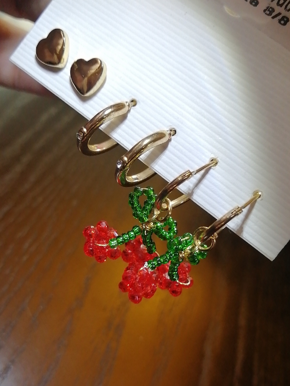 3 Pairs Of Earrings Gold Tone Cherry Hoop and Stud Earring Set - Red & Green